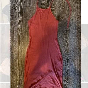 dusty pink tie up ribbed bodycon dress